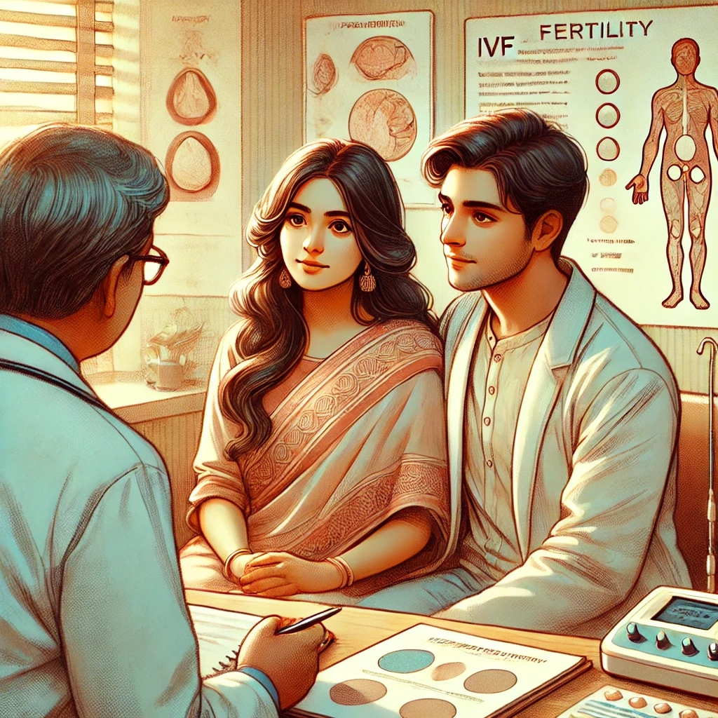 indian couple sitting with ivf doctor